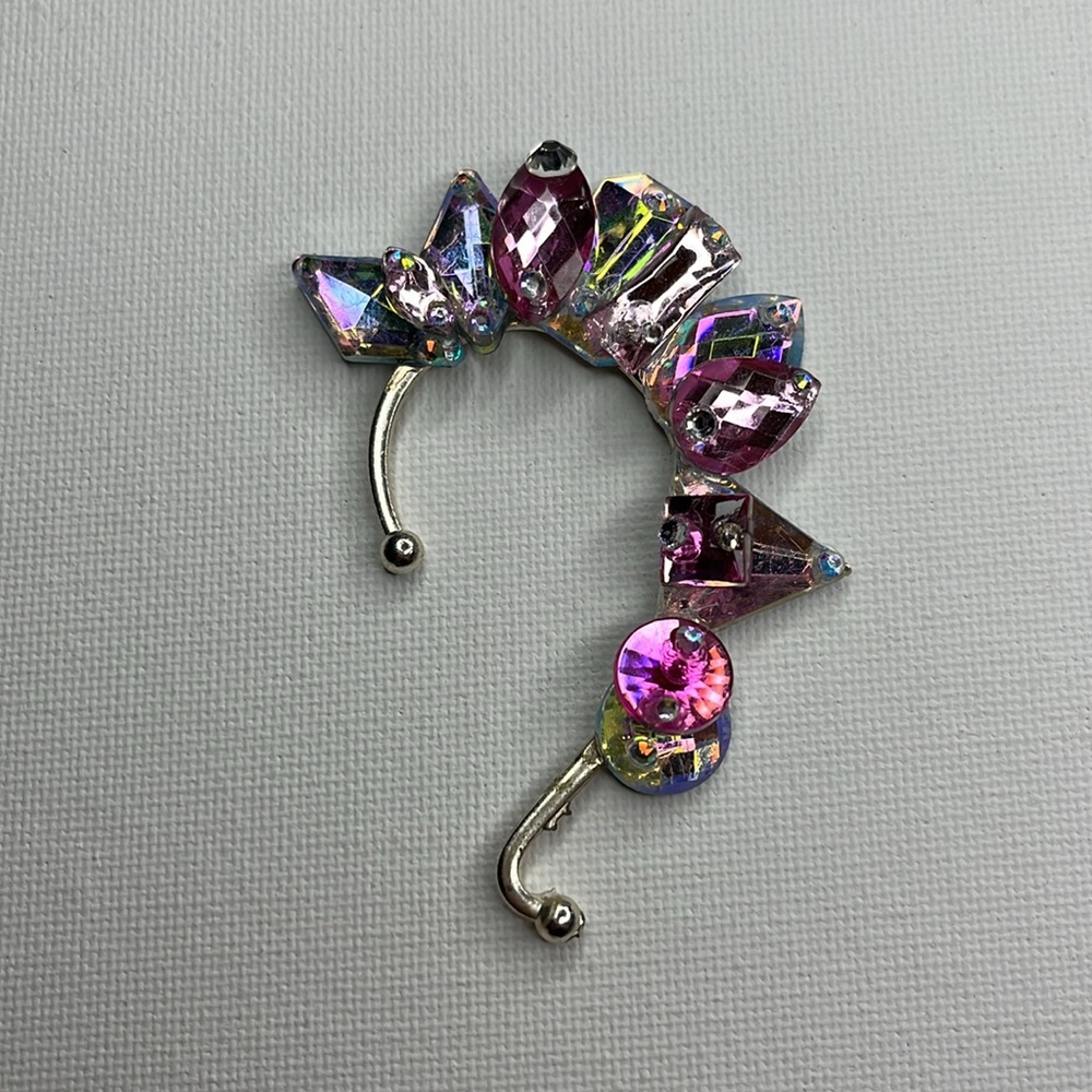 Iridescent & pink rhinestone ear cuff, no piece, clip on earring, pierce free